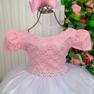 Vestido Enjoy Longo Mari Peito Rendado Rosa Bebe Saia Branca