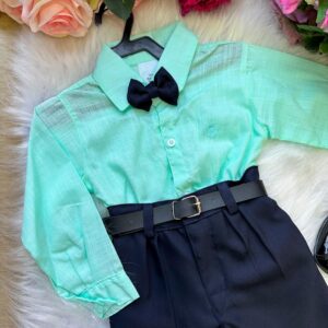 Conjunto Masculino Miss Cherry Social Verde Linho Com Calça Preta Henrique