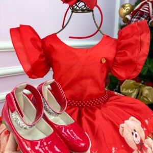 Vestido Banana Club Vermelho Ursinho Flores Natal