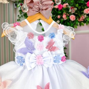 Vestido Marie Branco Jardim Encantado Laço Borboletas Coloridas