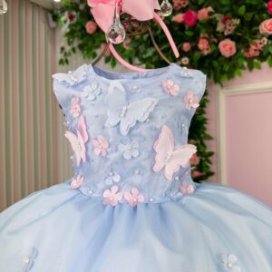 Vestido Marie Jardim das Borboletas Azul Bebe Viviane