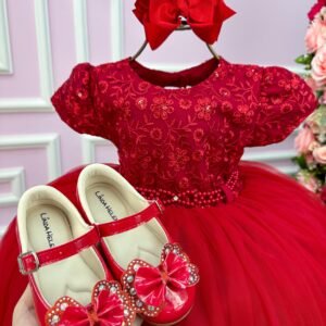 Vestido Menina Bonita Vermelho Peito Renda Flores