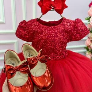 Vestido Menina Bonita Vermelho Peito Rendado Florzinha