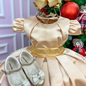 Vestido Miss Sweet Dourado Cinto Brilho