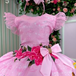 Vestido Tematicos Luxo Princesas Disney Rosa Manga Tule