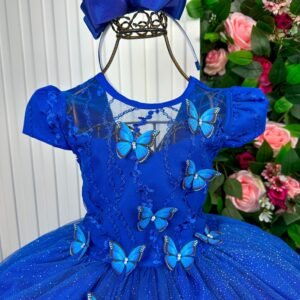 Vestido Vila Lele Longo Jardim Encantado Borboletas Azul Royal