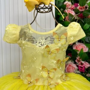 Vestido Vila Lele Longo Jardim Encantado Borboletas Amarelo