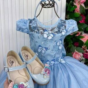 Vestido Vila Lele Longo Jardim Encantado Borboletas Azul Bebe