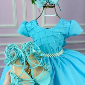 Vestido Ysa Kids Azul Tiffany Peito Perolas