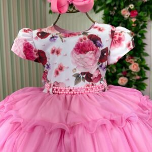 Vestido Menina Bonita Gisele Peito Florido Rosa Chiclete