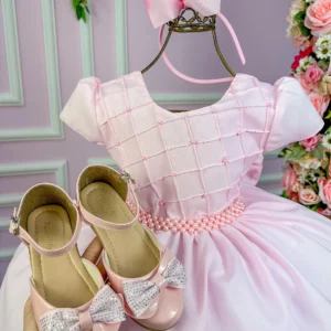Vestido Ysa Kids Rosa Bebe Peito Perolas