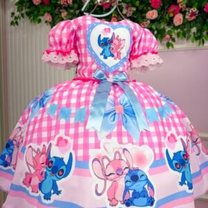 Vestido Junino Tematico Luxo Lilo Stitch Rosa Bebe Modelo 2