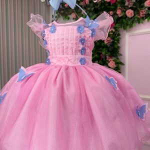Vestido Marie Jardim Encantado Rosa Borboletas Azul
