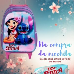 Mochila Rodinhas Lilo e Stitch + Estojo de Brinde