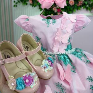 Vestido Marie Jardim Encantado Luxo Rosa e Verde Tiffany