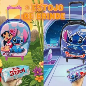 Mochila Rodinhas Stitch + Estojo de Brinde
