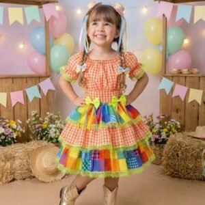 Vestido Banana Club Junino Luxo Quermesse do Sertão Laranja