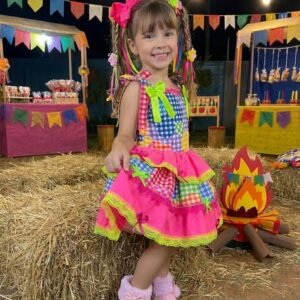 Vestido Banana Club Junino Luxo Encanto da Roça Rosa Neon