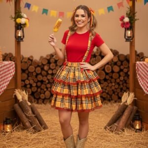 Salopete Banana Club Saia Adulto Junino Luxo Encanto Caipira