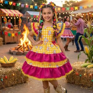 Vestido Banana Club Junino Luxo Coração Junino Amarelo