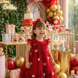 Vestido Vila Lele Jardim das Borboletas Baby Liz Vermelho