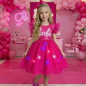 Vestido Ysa Kids Barbie Luxinho Pink Com led