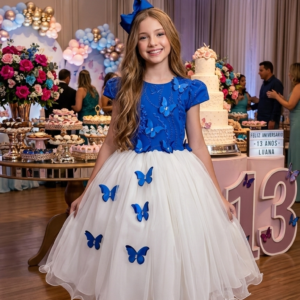 Vestido Juvenil - Midi Vila Lele Sabrina Azul Royal e Off