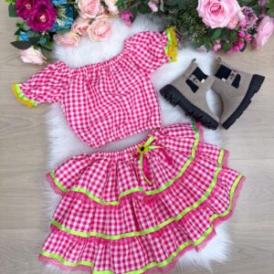 Conjunto Junino Banana Club Luxo Gabriela Xadrez Pink