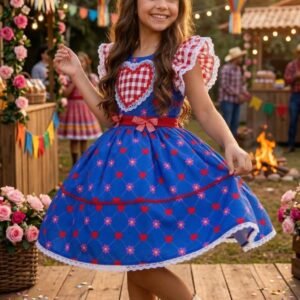 Vestido Mini Miss Junino Sertão Amor Caipira Azul Royal