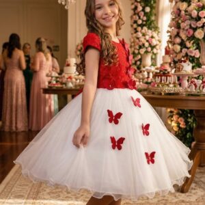 Vestido Juvenil - Midi Vila Lele Sabrina Vermelho e Off