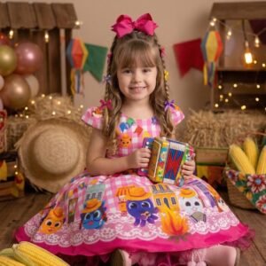 Vestido Junino Temáticos Kids Luxo Bolo Fofo Rosa