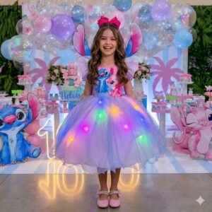 Vestido Ysa Kids Tematicos Lilo Stitch Rosa Bebe com Led