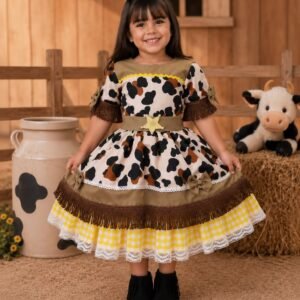 Vestido Tematicos Kids Doce Mimosa Marrom - Fazendinha - Vaquinha